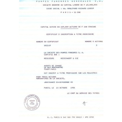 Pompes Funèbres Gales S.A (Certif Nomin)