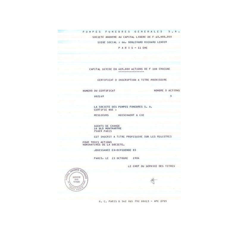 Pompes Funèbres Gales S.A (Certif Nomin)