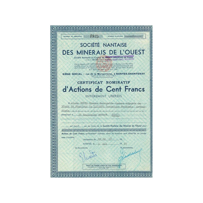 Sté Nantaise des Minerais de l'Ouest (CN Act 100F)