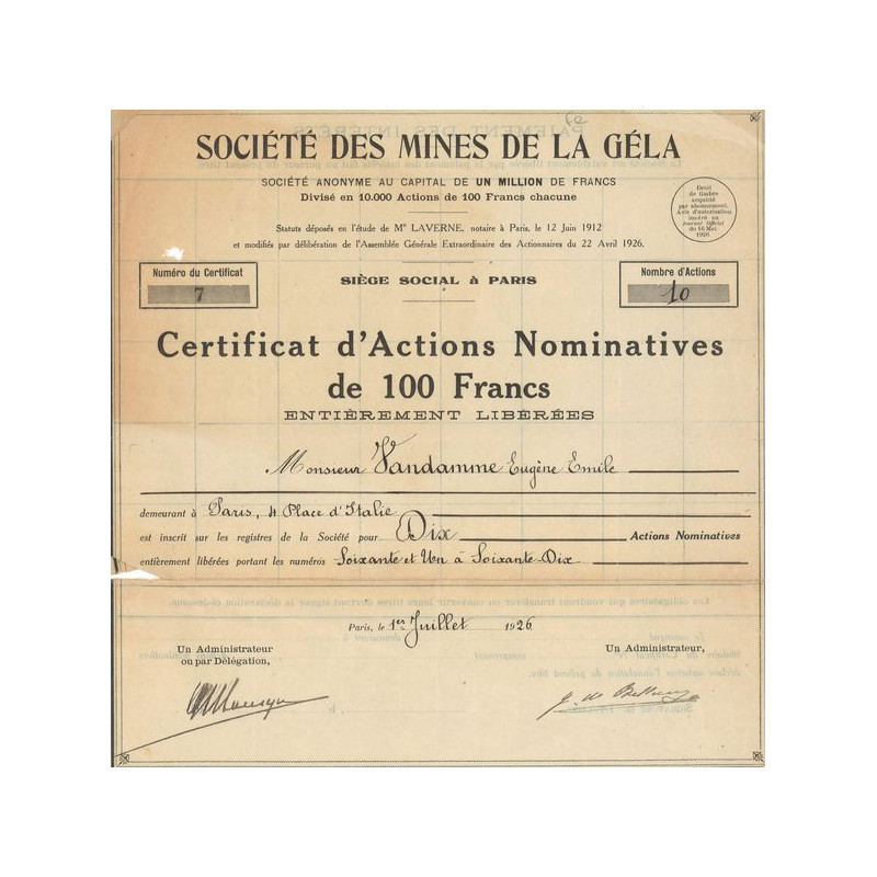 Sté des Mines de la Géla (CN Act 100F)