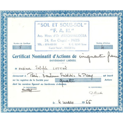 "Sol et Sous-Sol"F.A.M." - Anc Mines d'Or d'ANDAVAKOERA (CN Act 50F)