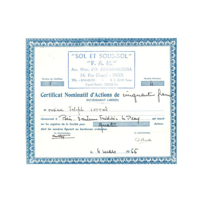 "Sol et Sous-Sol"F.A.M." - Anc Mines d'Or d'ANDAVAKOERA (CN Act 50F)