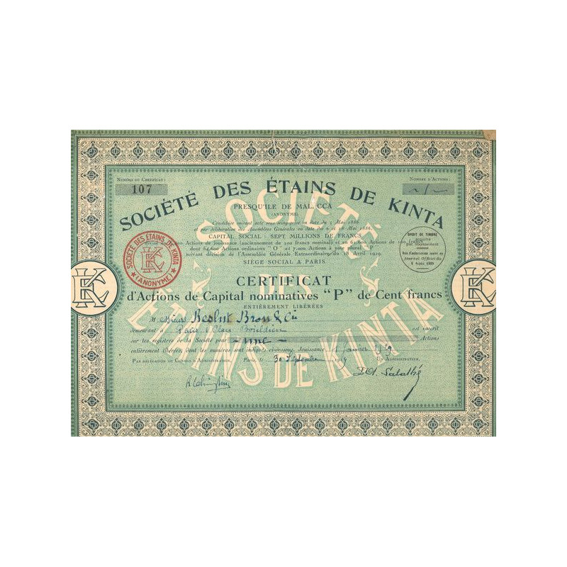 Sté des Etains de Kinta (CN Act P 100F)