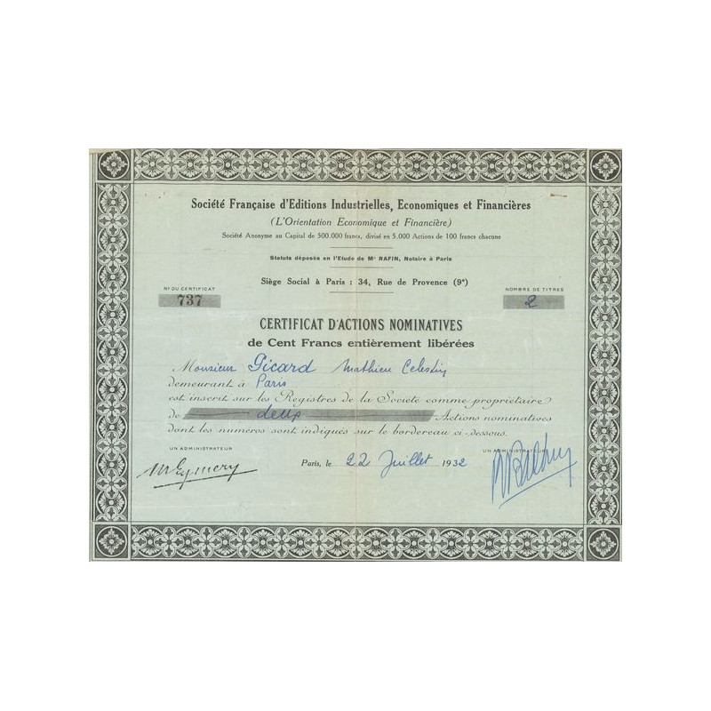 Sté Française d'Editions Industrielles Economiques et Financières (L'Orientation Economique et Financière) (CN Act 100F)