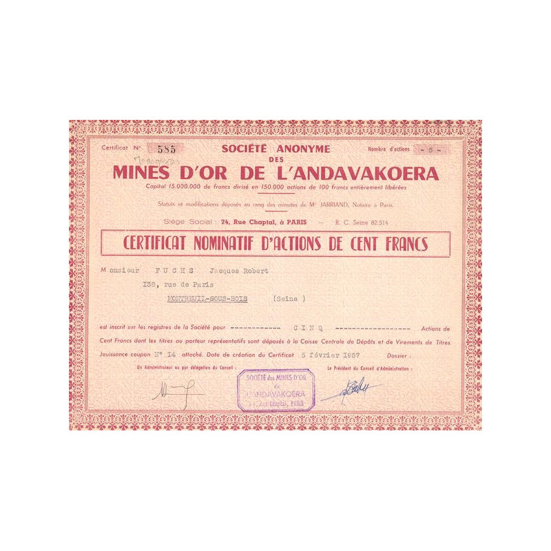 S.A des Mines d'Or de l'Andavakoera (CN Act 100F)