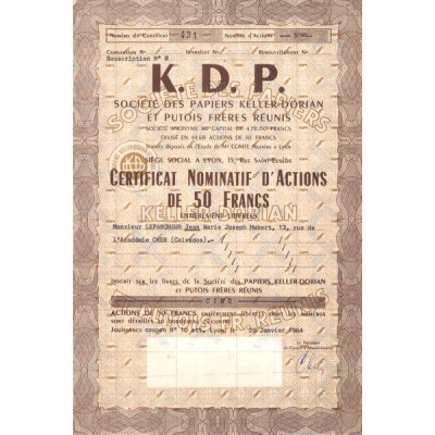 K.D.P. Sté des Papiers Keller Dorian et Putois Frères Réunis (CN Act 50F)