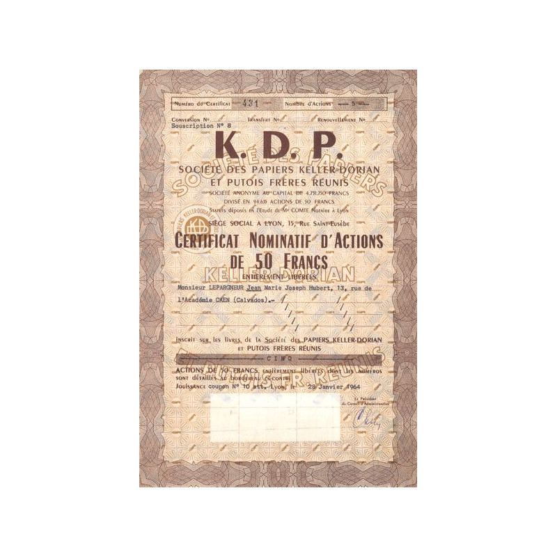 K.D.P. Sté des Papiers Keller Dorian et Putois Frères Réunis (CN Act 50F)