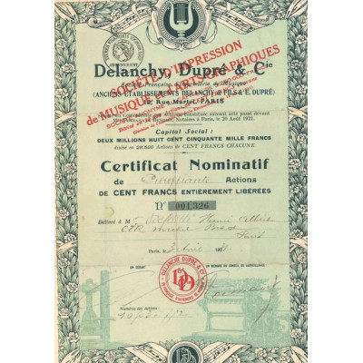 Sté Française d'Imprimerie de Musique Delanchy Dupré & Cie (CN Act 100F)