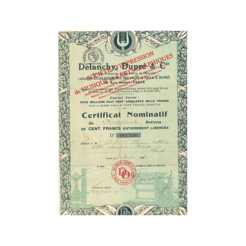 Sté Française d'Imprimerie de Musique Delanchy Dupré & Cie (CN Act 100F)