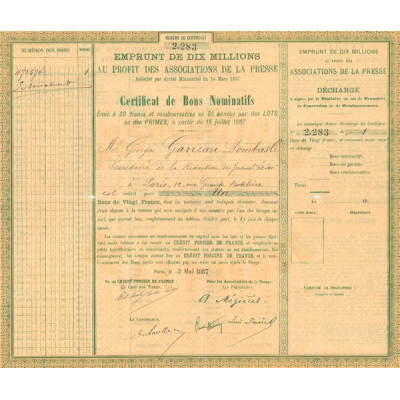 Emprunt de Dix Millions au Profit des Associations de la Presse (CN Bons 20F)