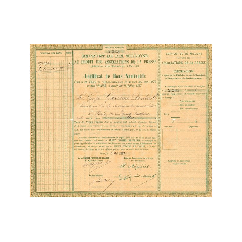 Emprunt de Dix Millions au Profit des Associations de la Presse (CN Bons 20F)