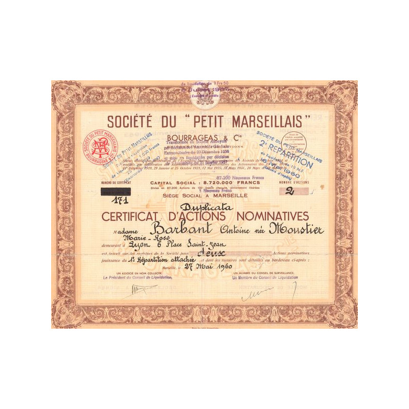 Sté du "Petit Marseillais" - Bourrageas & Cie (CN Act 100F)