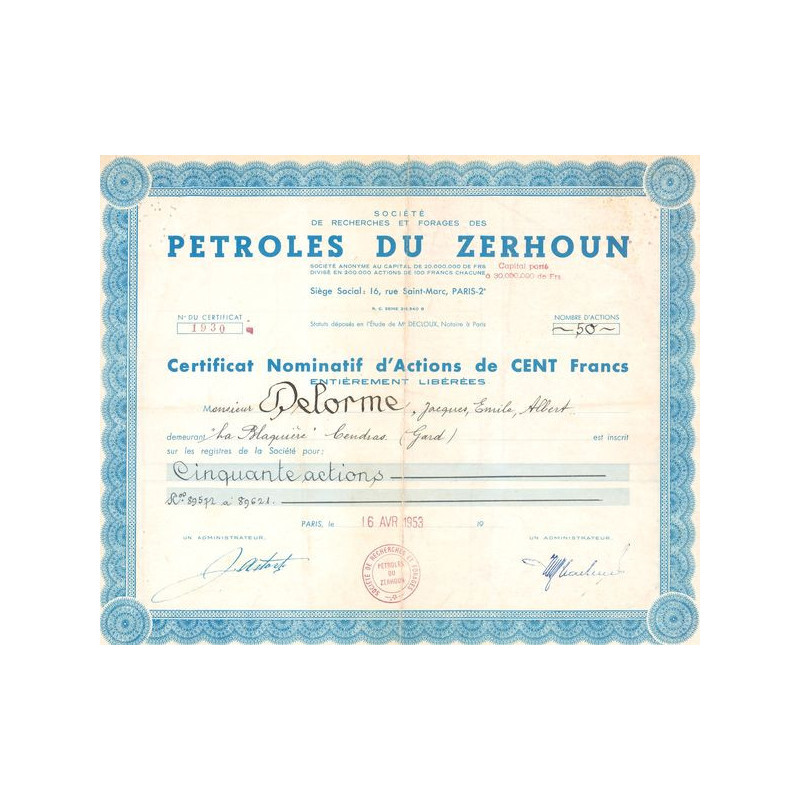 Sté de Recherches et Forages des Pétroles du Zerhoun (CN Act 100F)