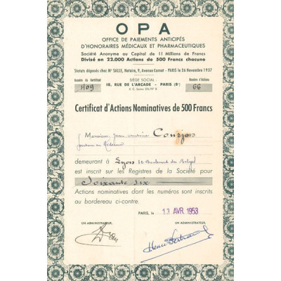 OPA Office de Paiements Anticipés d'Honoraires Médicaux et Pharmaceutiques (CN Act 500F)