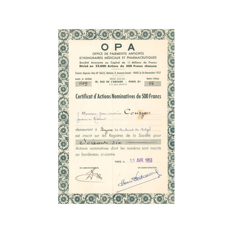 OPA Office de Paiements Anticipés d'Honoraires Médicaux et Pharmaceutiques (CN Act 500F)