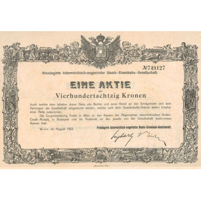 Sté Autrichienne-Hongroise Privilégiée des Chemins de Fer de l'Etat (Titre 01 Act 480 Couronnes)