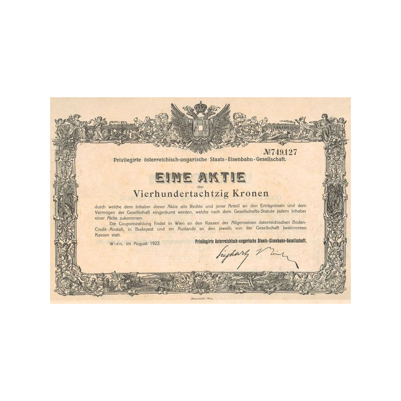 Sté Autrichienne-Hongroise Privilégiée des Chemins de Fer de l'Etat (Titre 01 Act 480 Couronnes)