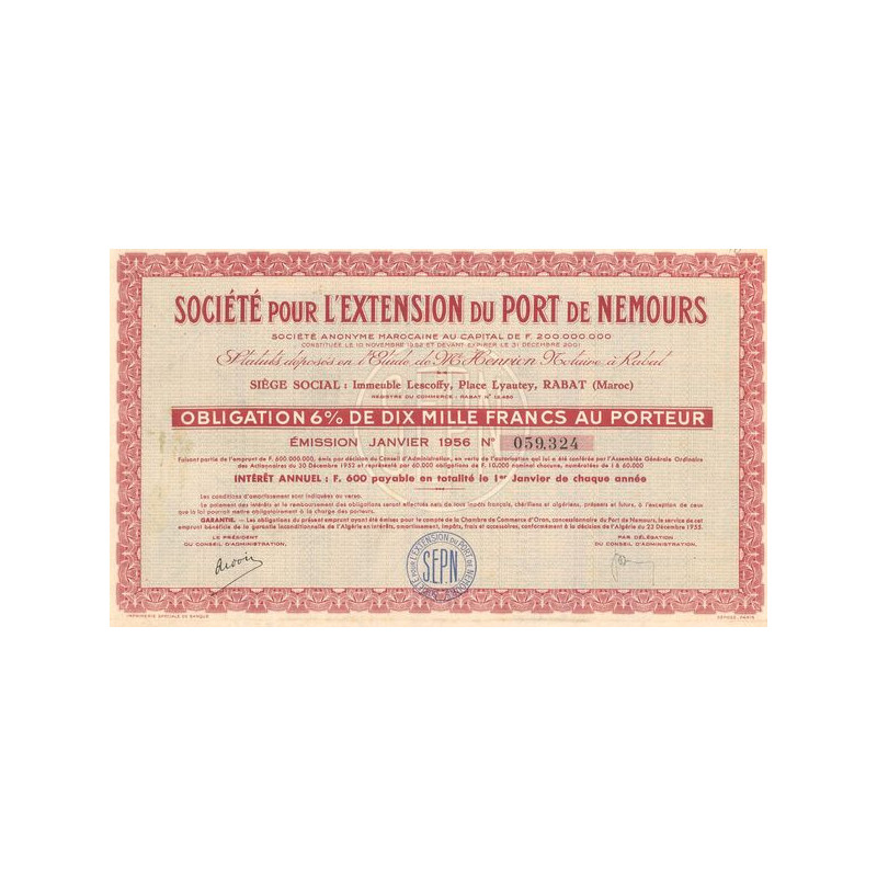 Ste pour l'Extension du Port de Nemours (Obl 6% 10000 F)