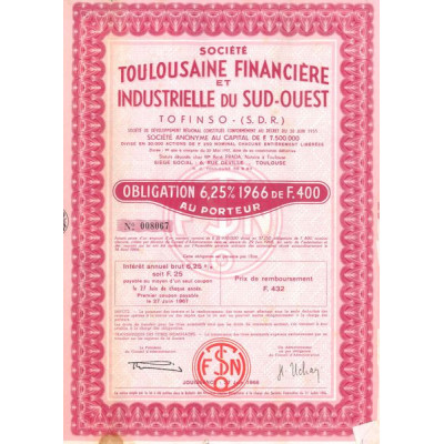 Sté Toulousaine Financière et Industrielle du Sud-Ouest (Obl 6.25% 1966 400 F)