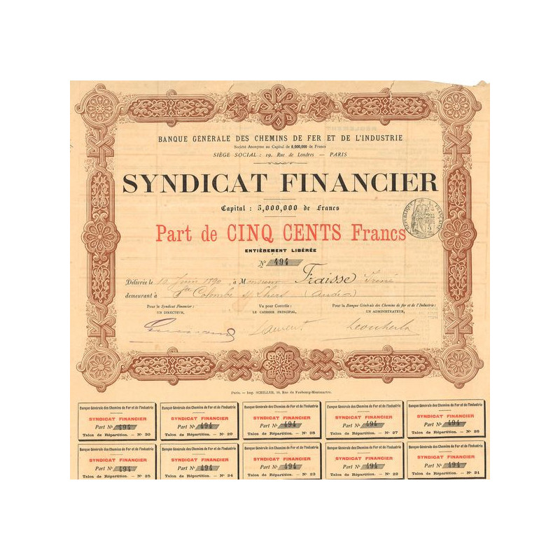 Banque Gale des Chemins de fer et de l'Industrie - Syndicat Financier (Part 500 F)