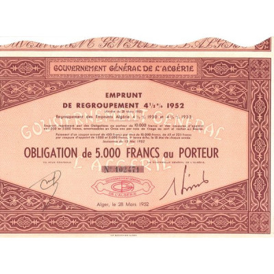 Gvt Gale de l'Algérie - Emprunt 4% 1952 (Obl 5000 F)