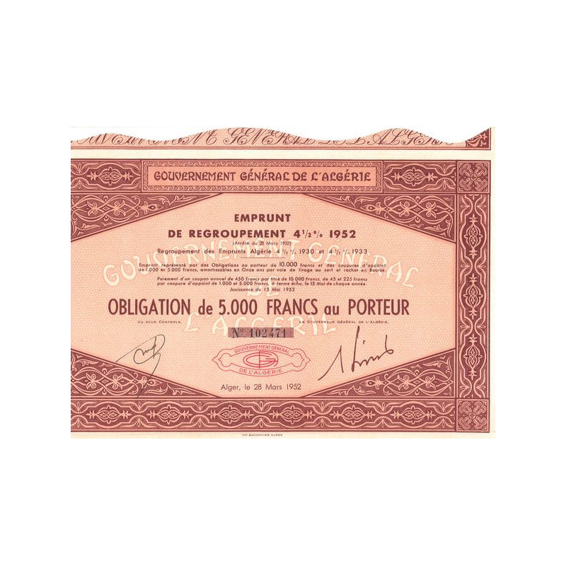 Gvt Gale de l'Algérie - Emprunt 4% 1952 (Obl 5000 F)