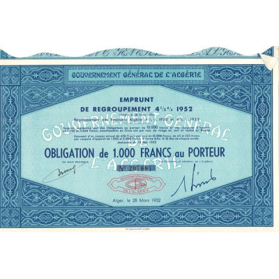Gvt Gale de l'Algérie - Emprunt 4% 1952 (Obl 1000 F)