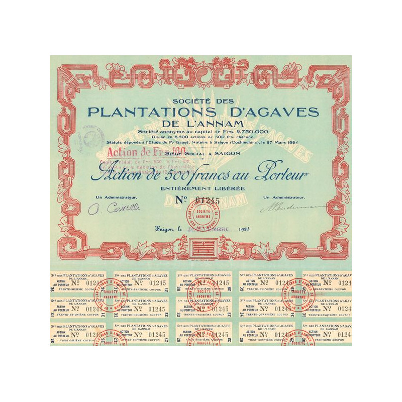 Sté des Plantations d'Agaves de l'Annam (Bleu)(Act 100 F)