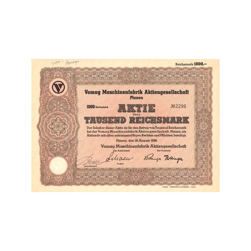 Vomag Maschinenfabrik Aktiengesellschaft Plauen (Act 1000 Rks)