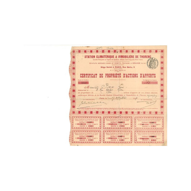 Station Climatérique d'Altitude de Thorenc (Certif Propriété d'Act 100 F)