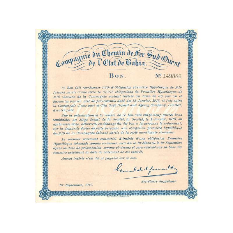 Cie du Chemin de Fer Sud-Ouest de l'Etat de Bahia - (Bon 1/30 ème Obl)