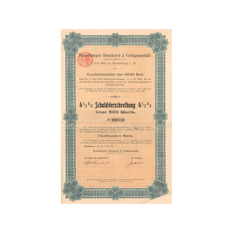 Strassburger Druckerei & Verlagsanstalt Titre 4% 1/2 (Act 500 Mark)