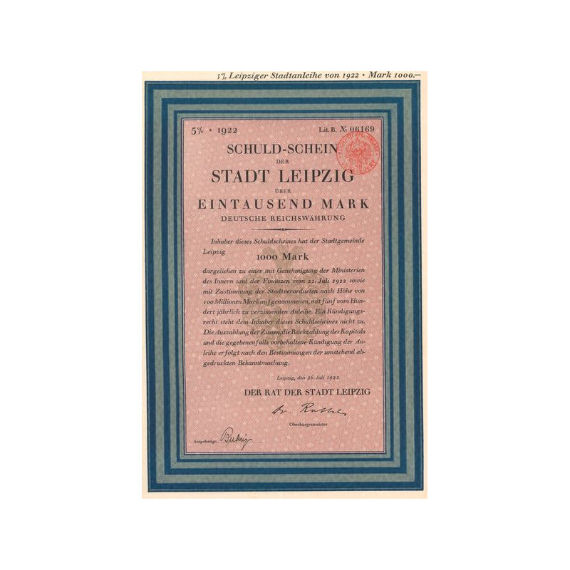 Schuld-Schein der Stadt Leipzig uber Eintausend Mark (Act 1000 Mark)