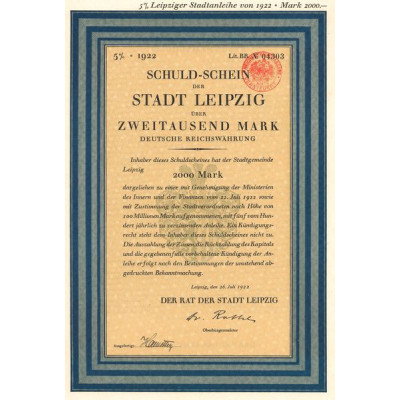 Schuld-Schein der Stadt Leipzig uber Eintausend Mark (Act 2000 Mark)