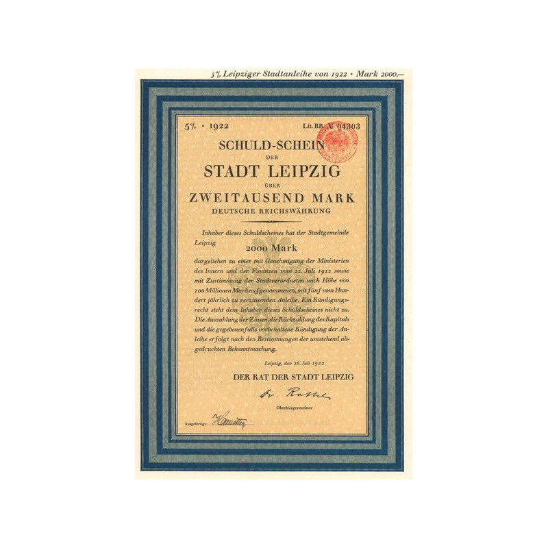 Schuld-Schein der Stadt Leipzig uber Eintausend Mark (Act 2000 Mark)