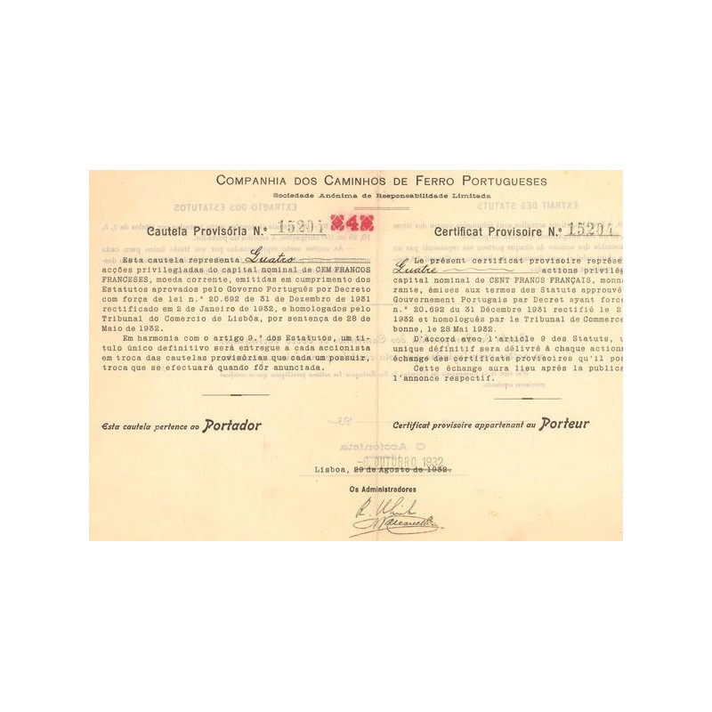 Companhia dos Camihos de Ferro Portugueses (Certif Provisoire)