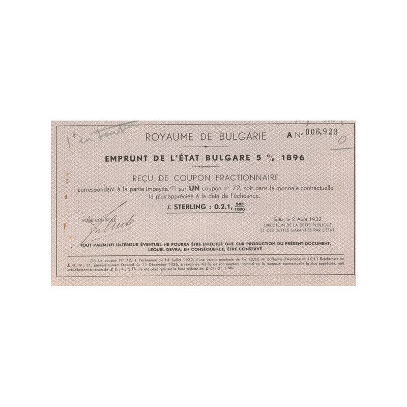 Royaume de Bulgarie - Emprunt de l'Etat Bulgare 5% 1896