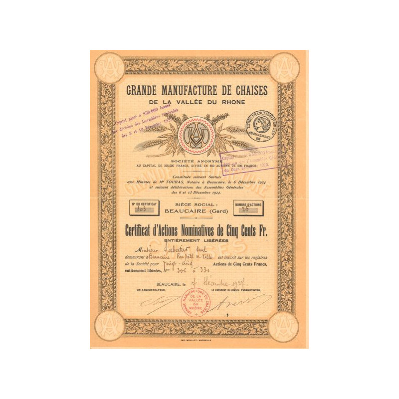 Grande Manufacture de Chaises de la Vallée du Rhone (Certif d'Act Nomin 500 F)