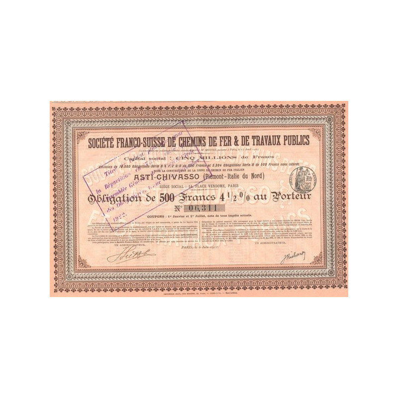 Sté Franco-Suisse de Chemins de Fer & de Travaux Publics (Obl 500 F)