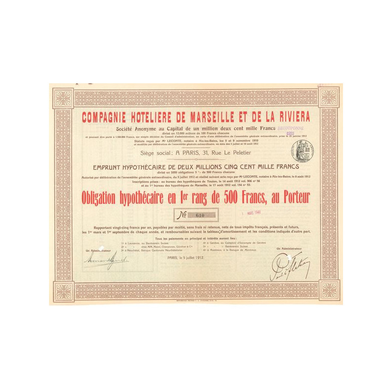 Cie Hoteliere de Marseille et de la Riviera S.A. (Obl 500 F)