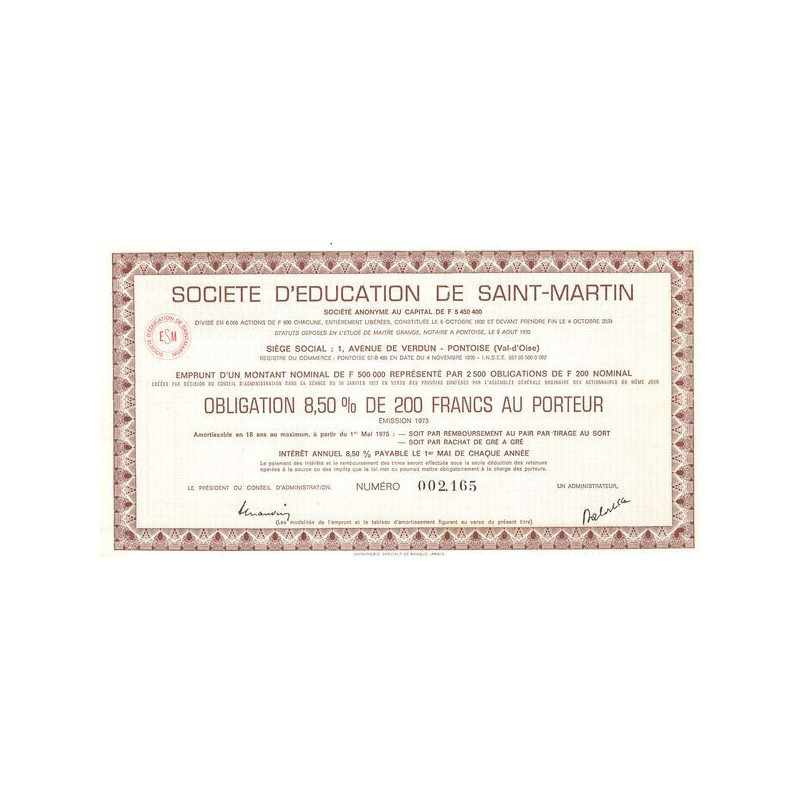Sté d'Education de Saint-Martin S.A. (Obl 8.50% 200 F)