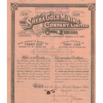 Sheba Gold Mining Cy Ltd (Titre 25 Act 5 £)