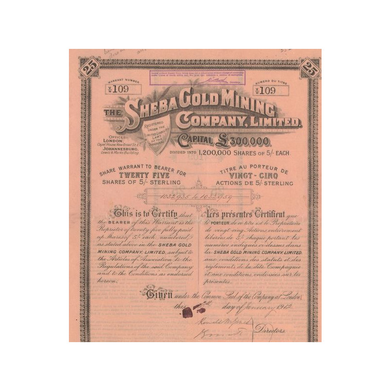 Sheba Gold Mining Cy Ltd (Titre 25 Act 5 £)
