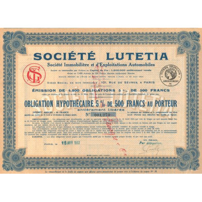 Sté Lutetia - Sté Immobilière et d'Exploitations Automobiles (Obl 5% 500 F)