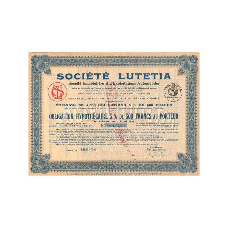 Sté Lutetia - Sté Immobilière et d'Exploitations Automobiles (Obl 5% 500 F)
