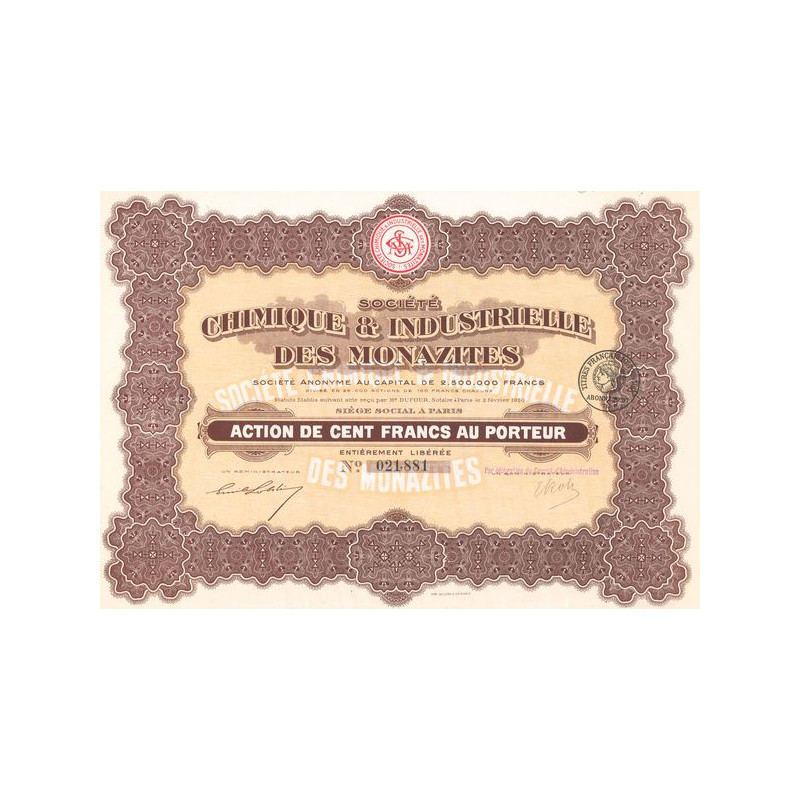 Chimique & Industrielle des Monazites (Act 100 F)