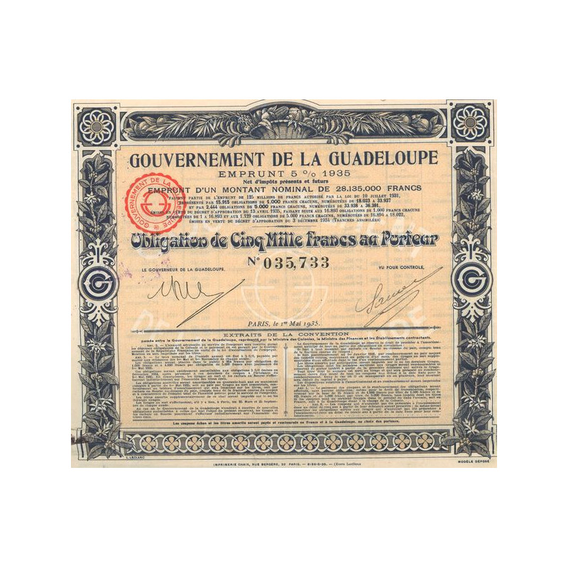 Gouvernement de la Guadeloupe - Emprunt 5% 1935 (Obl 5000 F)