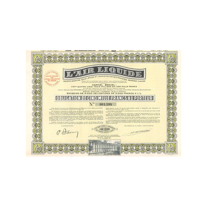L'Air Liquide S.A. 1941 - Verte (Obl 5000 F)