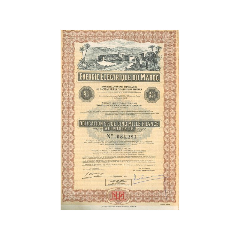 Energie Electrique du Maroc 5% 1935 - (Obl 5% 5000 F)