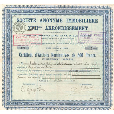 Sté Immobilière du XVIIème Arrondissement (Certif Nomin 500 F)